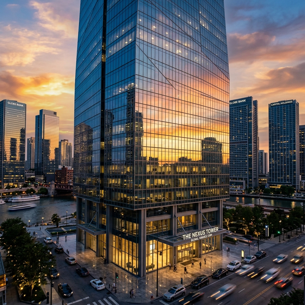 Modern corporate skyscraper at sunset